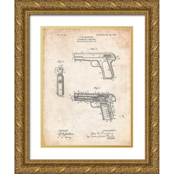 Borders, Cole 19x24 Gold Ornate Wood Framed with Double Matting Museum Art Print Titled - PP755-Vintage Parchment Browning No. 2 Handgun Patent Poster