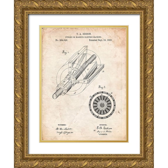 Borders, Cole 19x24 Gold Ornate Wood Framed with Double Matting Museum Art Print Titled - PP793-Vintage Parchment Edison Dynamo Electrical Generator Patent Print