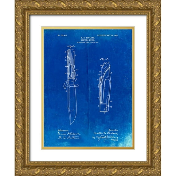 Borders, Cole 19x24 Gold Ornate Wood Framed with Double Matting Museum Art Print Titled - PP822-Faded Blueprint Folding Hunting Knife 1902 Patent Poster