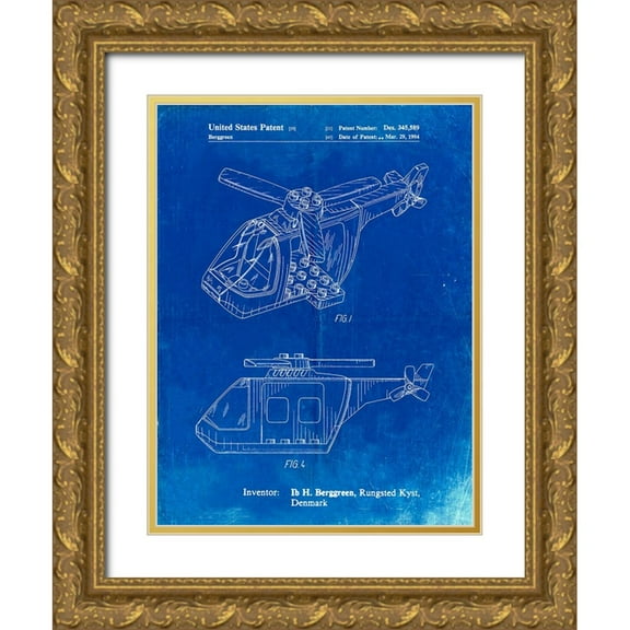 Borders, Cole 19x24 Gold Ornate Wood Framed with Double Matting Museum Art Print Titled - PP929-Faded Blueprint Lego Helicopter Building Kit Patent Poster