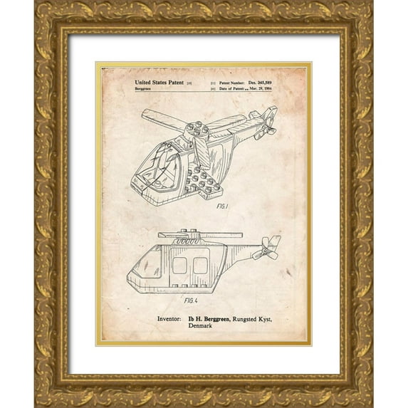 Borders, Cole 19x24 Gold Ornate Wood Framed with Double Matting Museum Art Print Titled - PP929-Vintage Parchment Lego Helicopter Building Kit Patent Poster