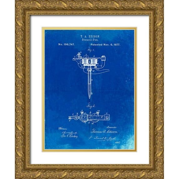 Borders, Cole 19x24 Gold Ornate Wood Framed with Double Matting Museum Art Print Titled - PP1065-Faded Blueprint Stencil Pen Patent Art