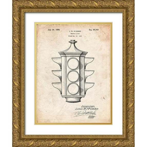Borders, Cole 19x24 Gold Ornate Wood Framed with Double Matting Museum Art Print Titled - PP1109-Vintage Parchment Traffic Light 1923 Patent Poster
