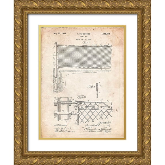 Borders, Cole 19x24 Gold Ornate Wood Framed with Double Matting Museum Art Print Titled - PP181- Vintage Parchment Tennis Net Patent Poster