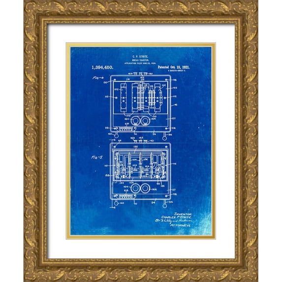 Borders, Cole 19x24 Gold Ornate Wood Framed with Double Matting Museum Art Print Titled - PP207- Faded Blueprint Toastmaster Toaster Patent Print