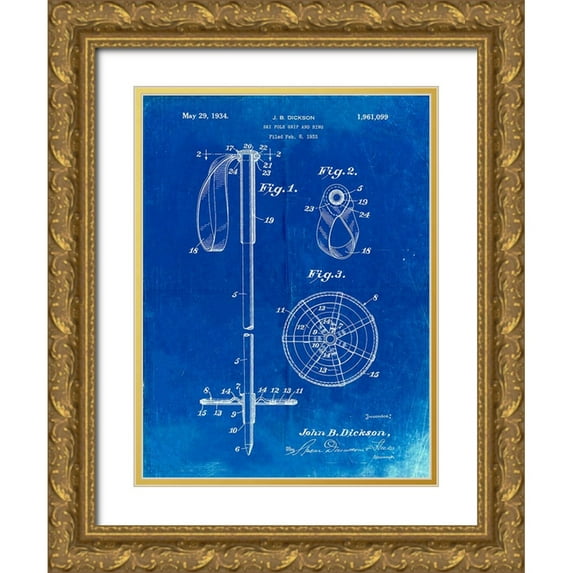 Borders, Cole 19x24 Gold Ornate Wood Framed with Double Matting Museum Art Print Titled - PP270-Faded Blueprint Vintage Ski Pole Patent Poster