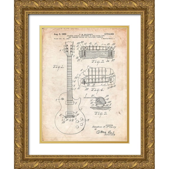 Borders, Cole 19x24 Gold Ornate Wood Framed with Double Matting Museum Art Print Titled - PP47-Vintage Parchment Gibson Les Paul Guitar Patent Poster