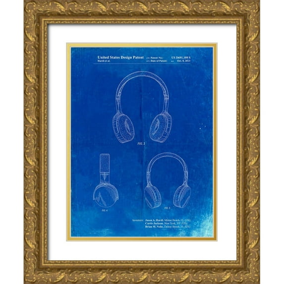 Borders, Cole 19x24 Gold Ornate Wood Framed with Double Matting Museum Art Print Titled - PP612-Faded Blueprint Headphones Patent Poster