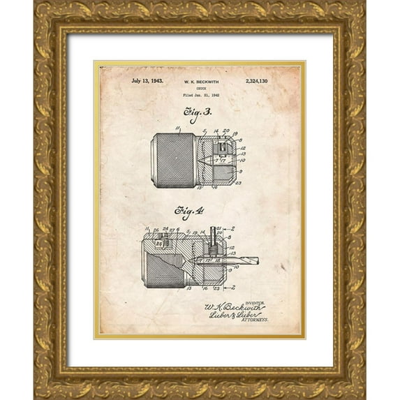 Borders, Cole 19x24 Gold Ornate Wood Framed with Double Matting Museum Art Print Titled - PP787-Vintage Parchment Drill Chuck 1943 Patent Poster