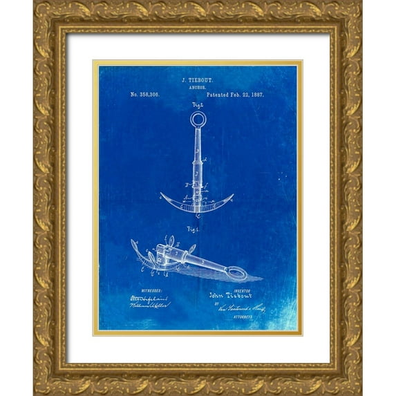 Borders, Cole 19x24 Gold Ornate Wood Framed with Double Matting Museum Art Print Titled - PP821-Faded Blueprint Folding Grapnel Anchor Patent Poster