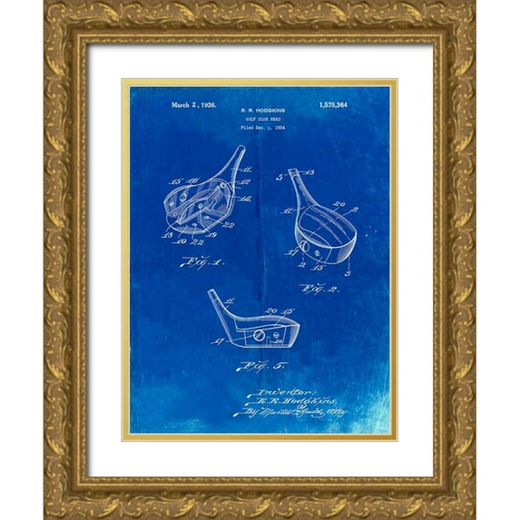 Borders, Cole 19x24 Gold Ornate Wood Framed with Double Matting Museum Art Print Titled - PP858-Faded Blueprint Golf Fairway Club Head Patent Poster