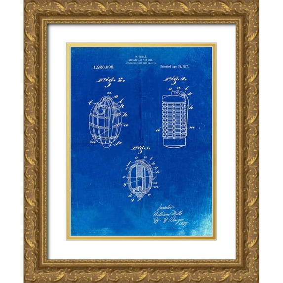 Borders, Cole 19x24 Gold Ornate Wood Framed with Double Matting Museum Art Print Titled - PP866-Faded Blueprint Hand Grenade 1915 Patent Poster