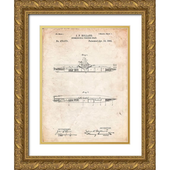 Borders, Cole 19x24 Gold Ornate Wood Framed with Double Matting Museum Art Print Titled - PP91-Vintage Parchment Holland Submarine Patent Poster