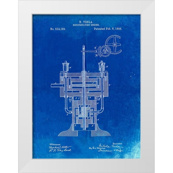 Borders, Cole 19x24 White Modern Wood Framed Museum Art Print Titled - PP1094-Faded Blueprint Tesla Reciprocating Engine Poster