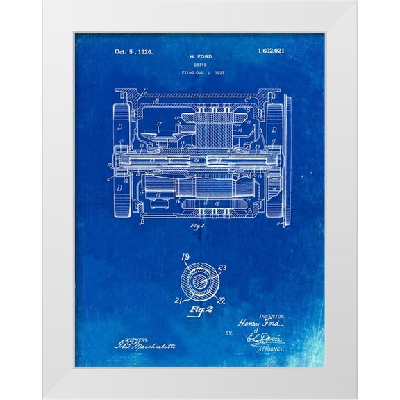 Borders, Cole 19x24 White Modern Wood Framed Museum Art Print Titled - PP1110-Faded Blueprint Train Transmission Patent Poster