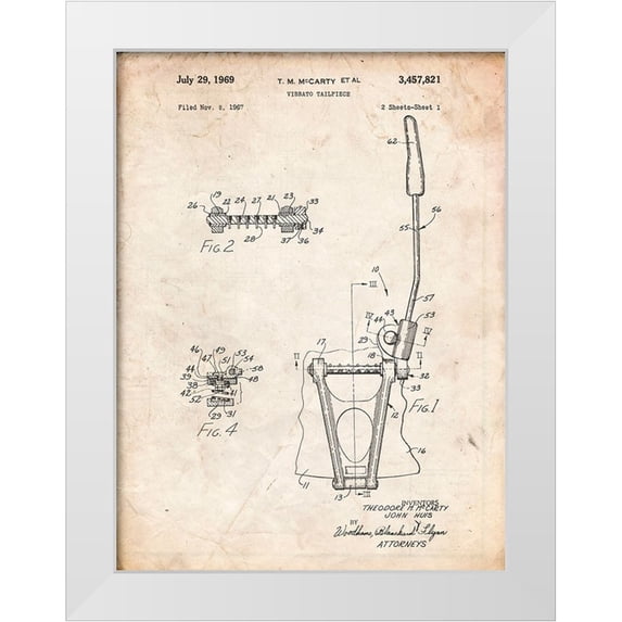 Borders, Cole 19x24 White Modern Wood Framed Museum Art Print Titled - PP1122-Vintage Parchment Vibrato Tailpiece Patent Wall Art Poster
