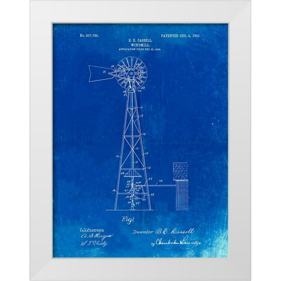 Borders, Cole 19x24 White Modern Wood Framed Museum Art Print Titled - PP1137-Faded Blueprint Windmill 1906 Patent Poster