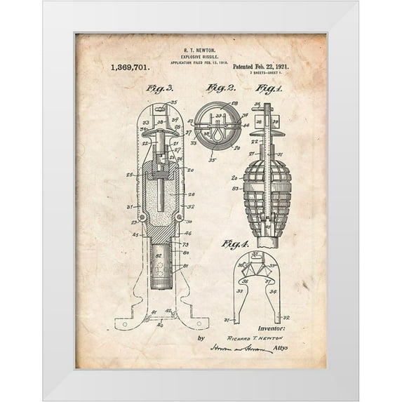 Borders, Cole 19x24 White Modern Wood Framed Museum Art Print Titled - PP12-Vintage Parchment Explosive Missile Patent Poster