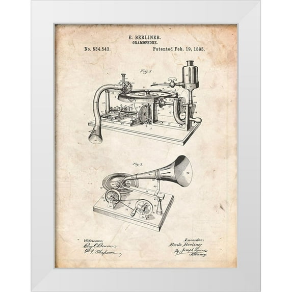 Borders, Cole 19x24 White Modern Wood Framed Museum Art Print Titled - PP160- Vintage Parchment Berliner Gramophone Poster