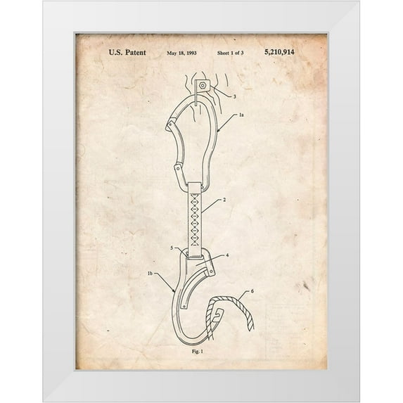 Borders, Cole 19x24 White Modern Wood Framed Museum Art Print Titled - PP200- Vintage Parchment Automatic Lock Carabiner Patent Poster
