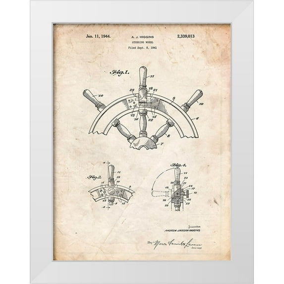 Borders, Cole 19x24 White Modern Wood Framed Museum Art Print Titled - PP228-Vintage Parchment Ship Steering Wheel Patent Poster