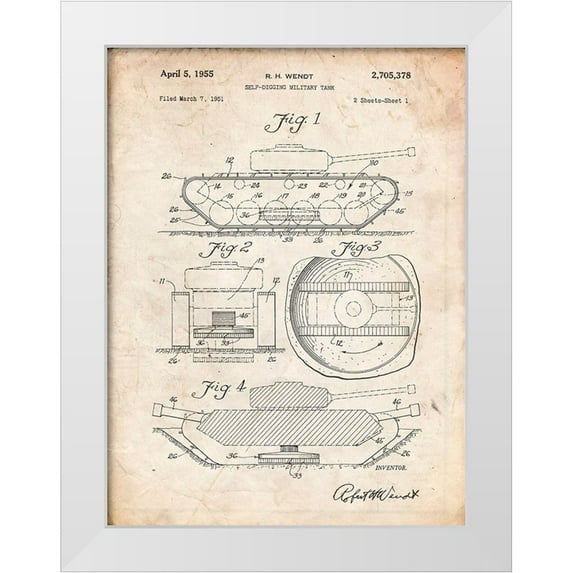 Borders, Cole 19x24 White Modern Wood Framed Museum Art Print Titled - PP262-Vintage Parchment Military Self Digging Tank Patent Poster
