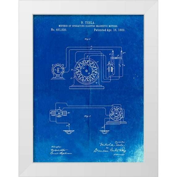 Borders, Cole 19x24 White Modern Wood Framed Museum Art Print Titled - PP264-Faded Blueprint Tesla Operating Electric Motors Map Poster