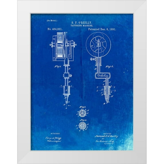 Borders, Cole 19x24 White Modern Wood Framed Museum Art Print Titled - PP308-Faded Blueprint Tattooing Machine Patent Poster