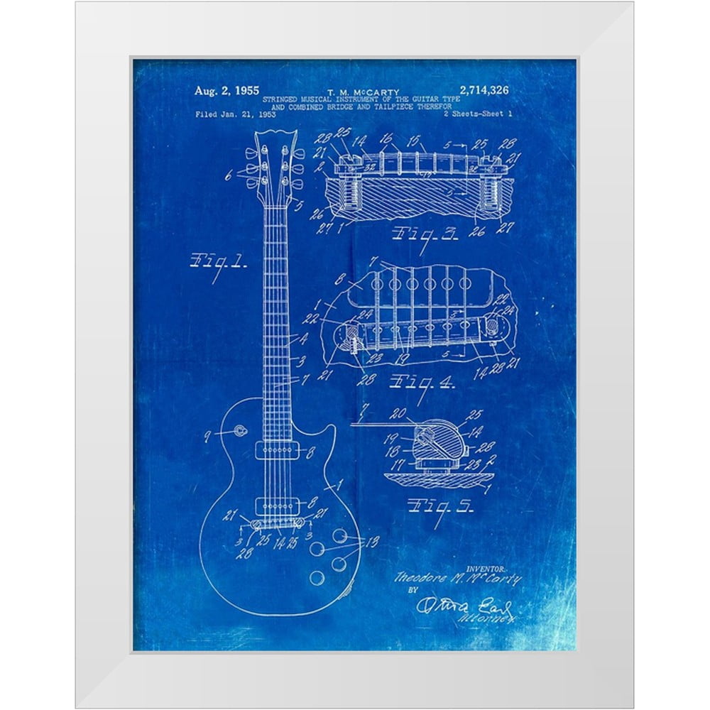 Borders, Cole 19x24 White Modern Wood Framed Museum Art Print Titled - PP47-Faded Blueprint Gibson Les Paul Guitar Patent Poster
