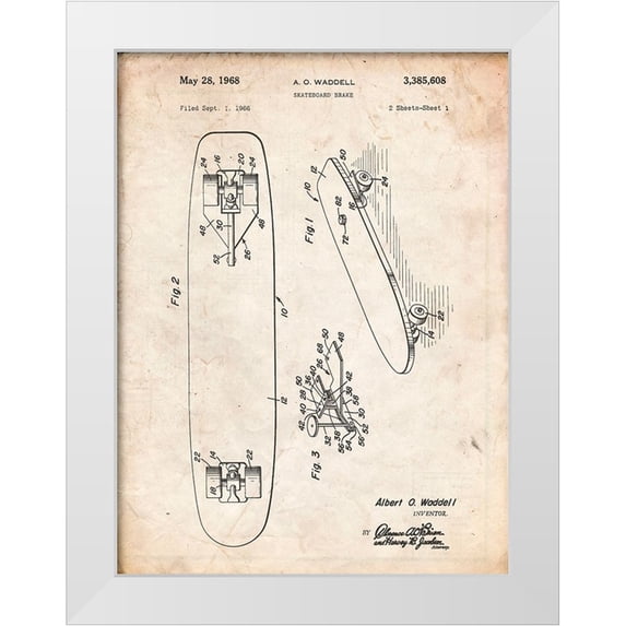 Borders, Cole 19x24 White Modern Wood Framed Museum Art Print Titled - PP492-Vintage Parchment Skateboard Brake Patent Poster