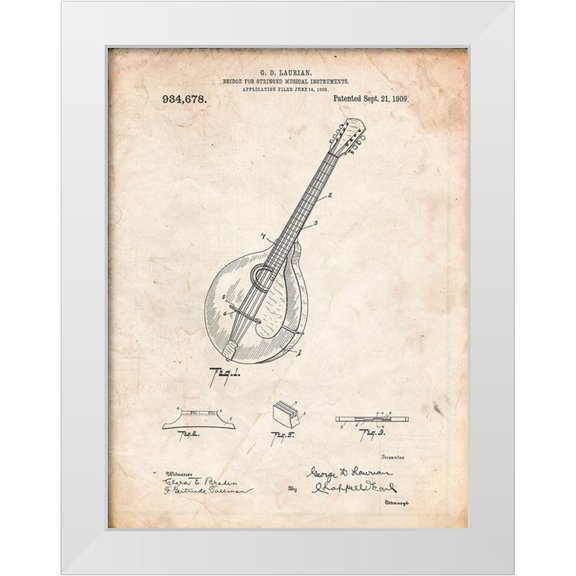Borders, Cole 19x24 White Modern Wood Framed Museum Art Print Titled - PP499-Vintage Parchment Gibson Mandolin Bridge Patent Poster