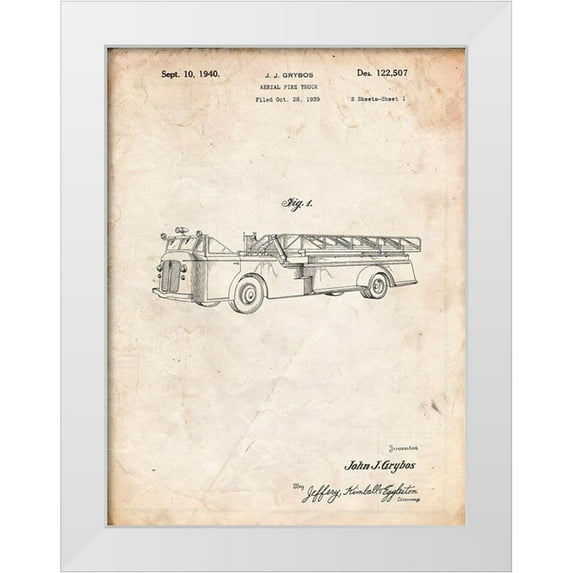 Borders, Cole 19x24 White Modern Wood Framed Museum Art Print Titled - PP506-Vintage Parchment Firetruck 1940 Patent Poster