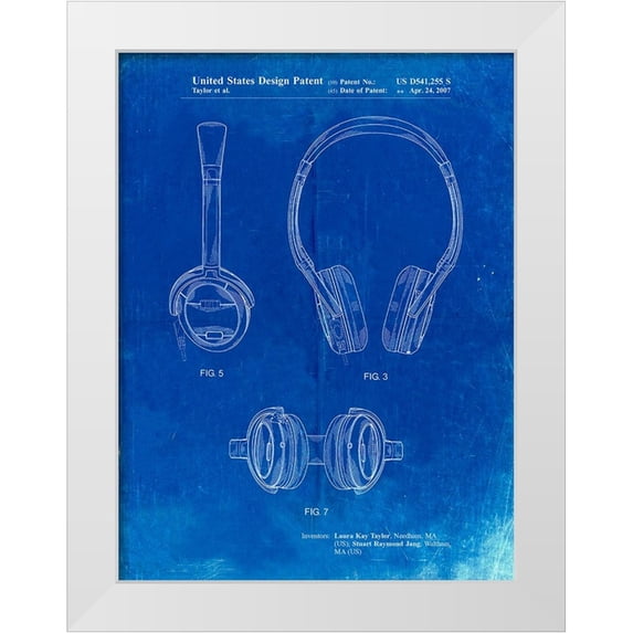 Borders, Cole 19x24 White Modern Wood Framed Museum Art Print Titled - PP543-Faded Blueprint Noise Canceling Headphones Patent Poster