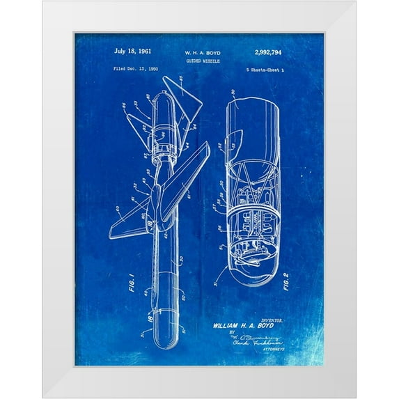 Borders, Cole 19x24 White Modern Wood Framed Museum Art Print Titled - PP624-Faded Blueprint Cold War Era Guided Missile Patent Poster