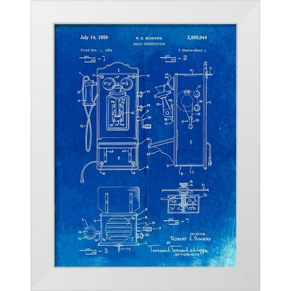 Borders, Cole 19x24 White Modern Wood Framed Museum Art Print Titled - PP65-Faded Blueprint Wall Phone Patent Poster