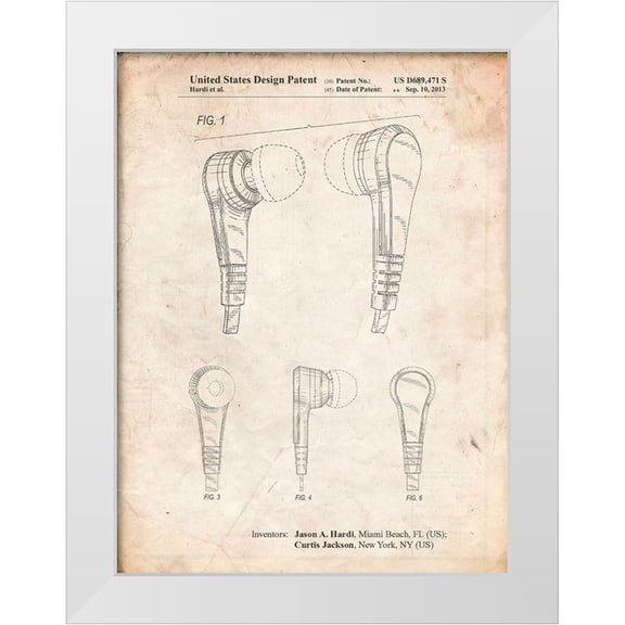 Borders, Cole 19x24 White Modern Wood Framed Museum Art Print Titled - PP686-Vintage Parchment Ear Buds Patent Poster