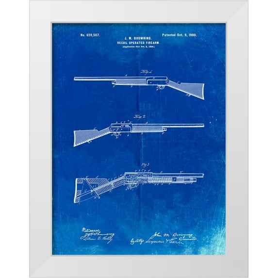 Borders, Cole 19x24 White Modern Wood Framed Museum Art Print Titled - PP754-Faded Blueprint Browning Auto 5 Shotgun 1900 Patent Poster