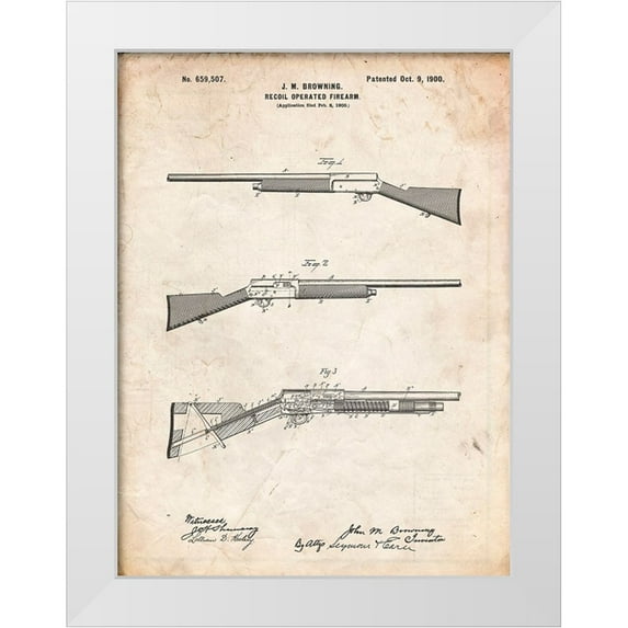 Borders, Cole 19x24 White Modern Wood Framed Museum Art Print Titled - PP754-Vintage Parchment Browning Auto 5 Shotgun 1900 Patent Poster