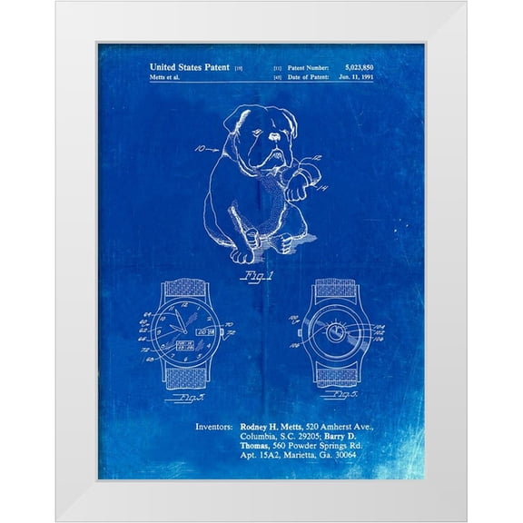 Borders, Cole 19x24 White Modern Wood Framed Museum Art Print Titled - PP784-Faded Blueprint Dog Watch Clock Patent Poster
