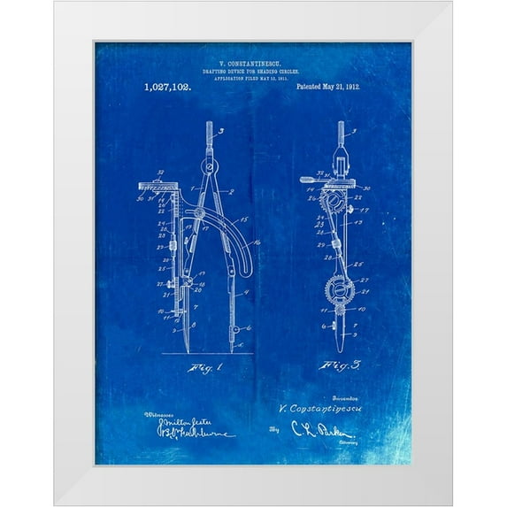 Borders, Cole 19x24 White Modern Wood Framed Museum Art Print Titled - PP785-Faded Blueprint Drafting Compass 1912 Patent Poster