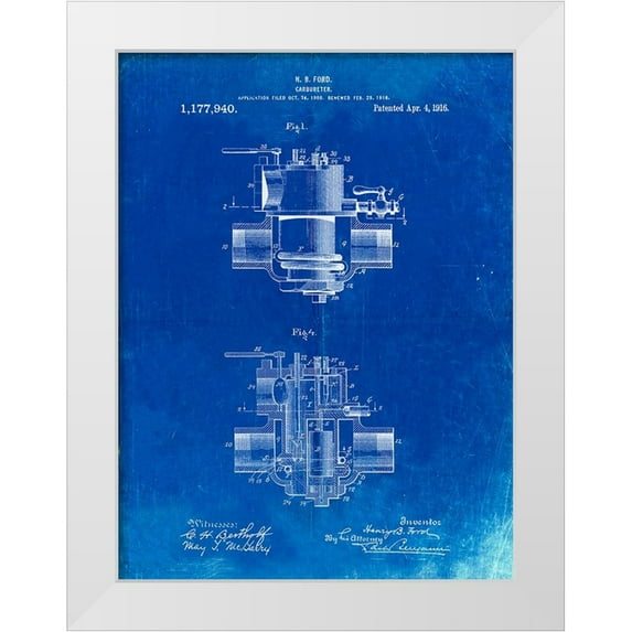 Borders, Cole 19x24 White Modern Wood Framed Museum Art Print Titled - PP835-Faded Blueprint Ford Carburetor 1916 Patent Poster