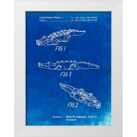 Borders, Cole 19x24 White Modern Wood Framed Museum Art Print Titled - PP923-Faded Blueprint Lego Crocodile Poster