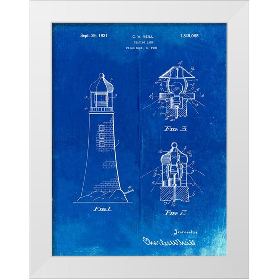 Borders, Cole 19x24 White Modern Wood Framed Museum Art Print Titled - PP941-Faded Blueprint Lighthouse Patent Poster