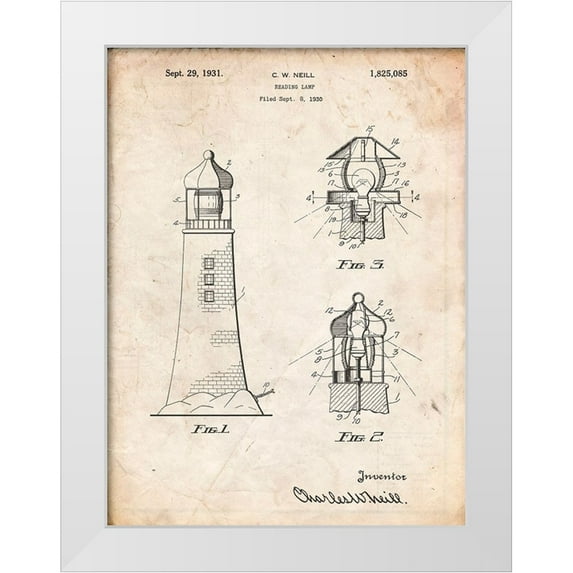Borders, Cole 19x24 White Modern Wood Framed Museum Art Print Titled - PP941-Vintage Parchment Lighthouse Patent Poster