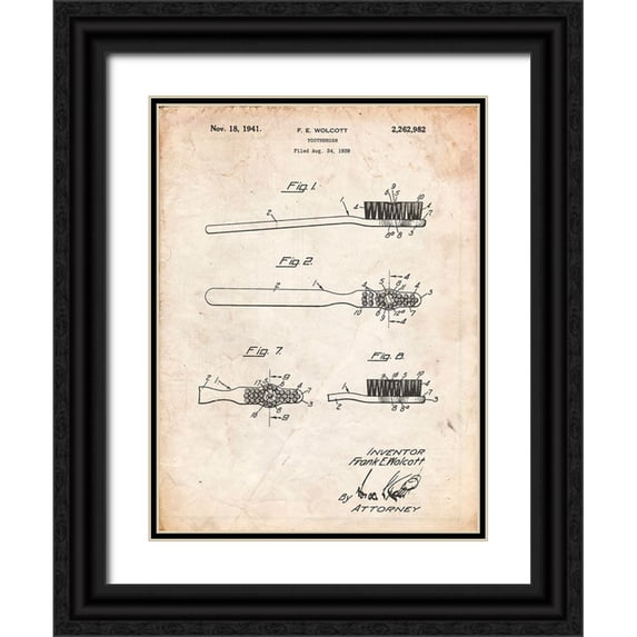 Borders, Cole 25x32 Black Ornate Wood Framed with Double Matting Museum Art Print Titled - PP1103-Vintage Parchment Toothbrush Flexible Head Patent Poster