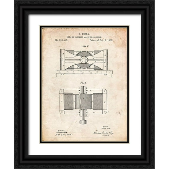 Borders, Cole 25x32 Black Ornate Wood Framed with Double Matting Museum Art Print Titled - PP111-Vintage Parchment Tesla Dynamo Electric Machine Poster