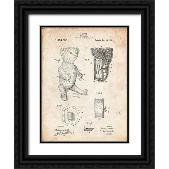 Borders, Cole 25x32 Black Ornate Wood Framed with Double Matting Museum Art Print Titled - PP452-Vintage Parchment Whistle Teddy Bear 1919 Patent Poster