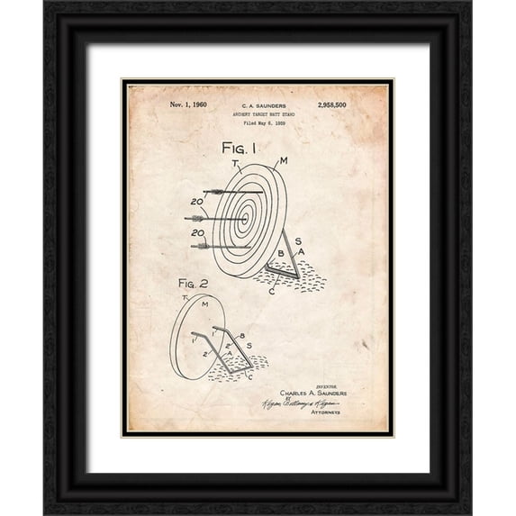 Borders, Cole 25x32 Black Ornate Wood Framed with Double Matting Museum Art Print Titled - PP613-Vintage Parchment Archery Target and Stand Patent Poster