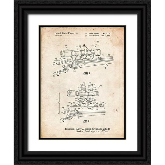 Borders, Cole 25x32 Black Ornate Wood Framed with Double Matting Museum Art Print Titled - PP740-Vintage Parchment Black Powder Rifle Scope Patent Poster