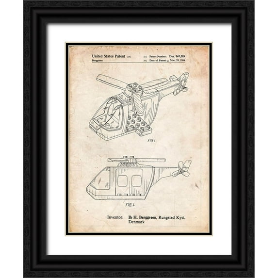 Borders, Cole 25x32 Black Ornate Wood Framed with Double Matting Museum Art Print Titled - PP929-Vintage Parchment Lego Helicopter Building Kit Patent Poster